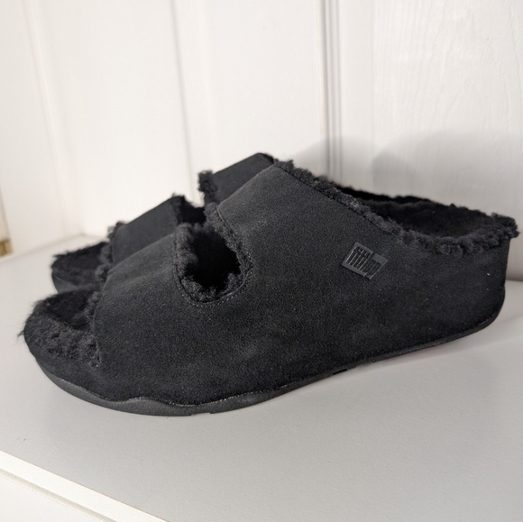 FitFlop Shuv Womens Sandals Two Bar Shearling Slippers Black Slide Size 11 Fuzzy - Picture 3 of 11